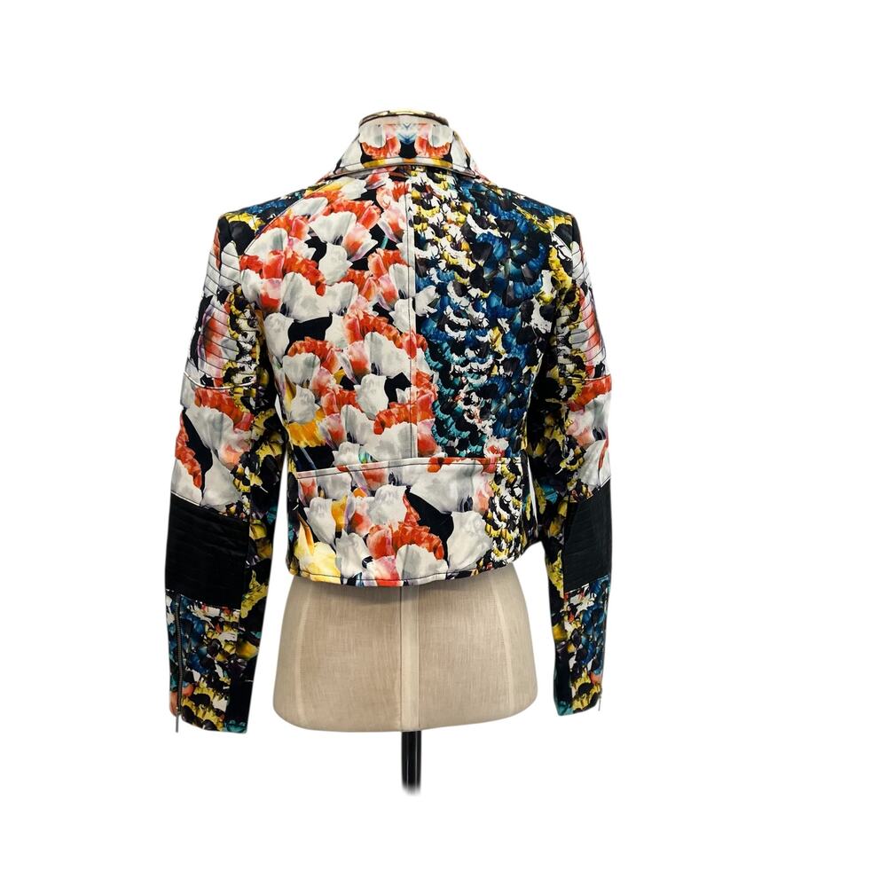 Nicholas Digi Floral Moto Jacket‎ Cotton Blend Leather Trim Multicolor US 4 - Picture 9 of 16